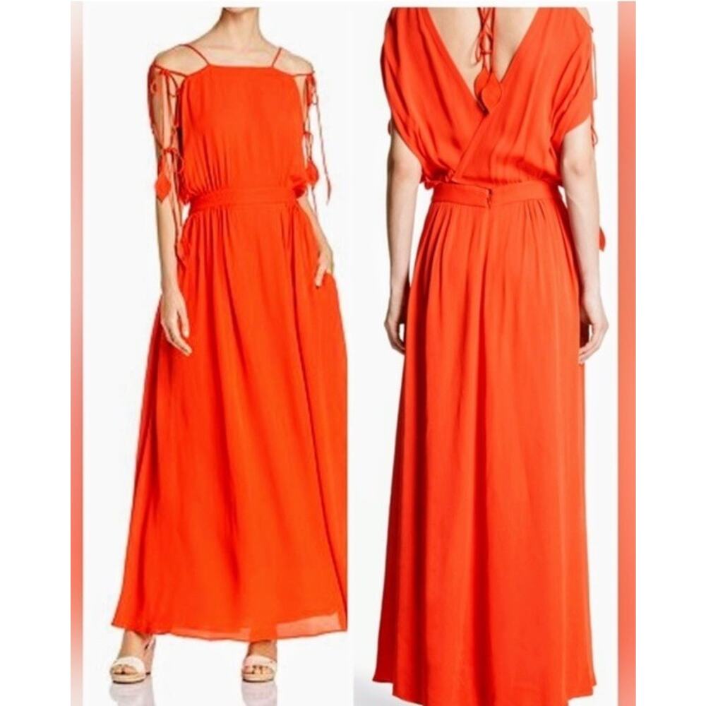 Tory Burch Evalene Maxi Dress Poppy Red Crepe Strappy Ties Gown Lined Size 12 L